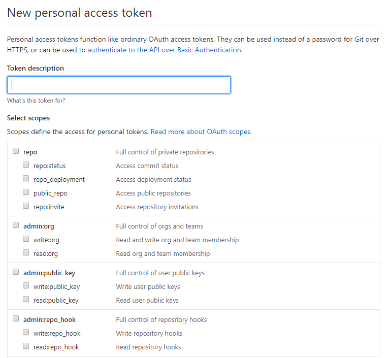 Screenshot of the "New personal access token" page form github