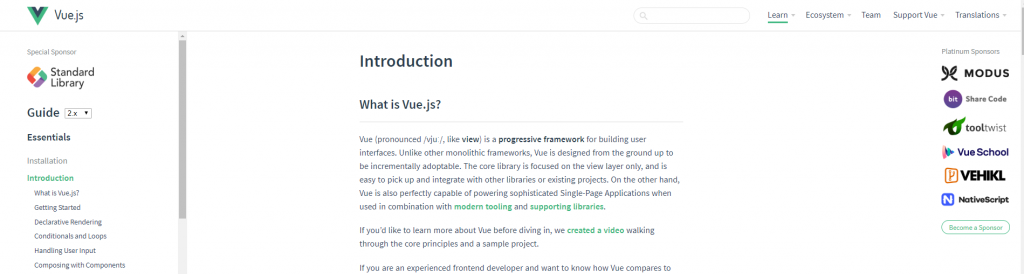 Vue js official documentation screenshot