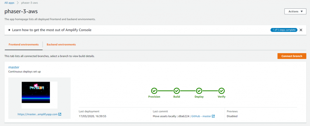AWS amplify deployment completed view